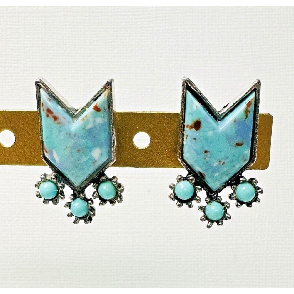 Chevron Faux Turquoise Silver Tone Earrings Vintage Southwest MCM Screwback